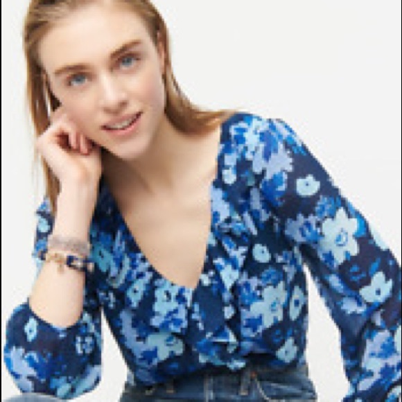 SM•NWT•J.CREW•RUFFLE V-NECK WATERCOLOUR BEGONIAS BLOUSE• - Picture 4 of 10